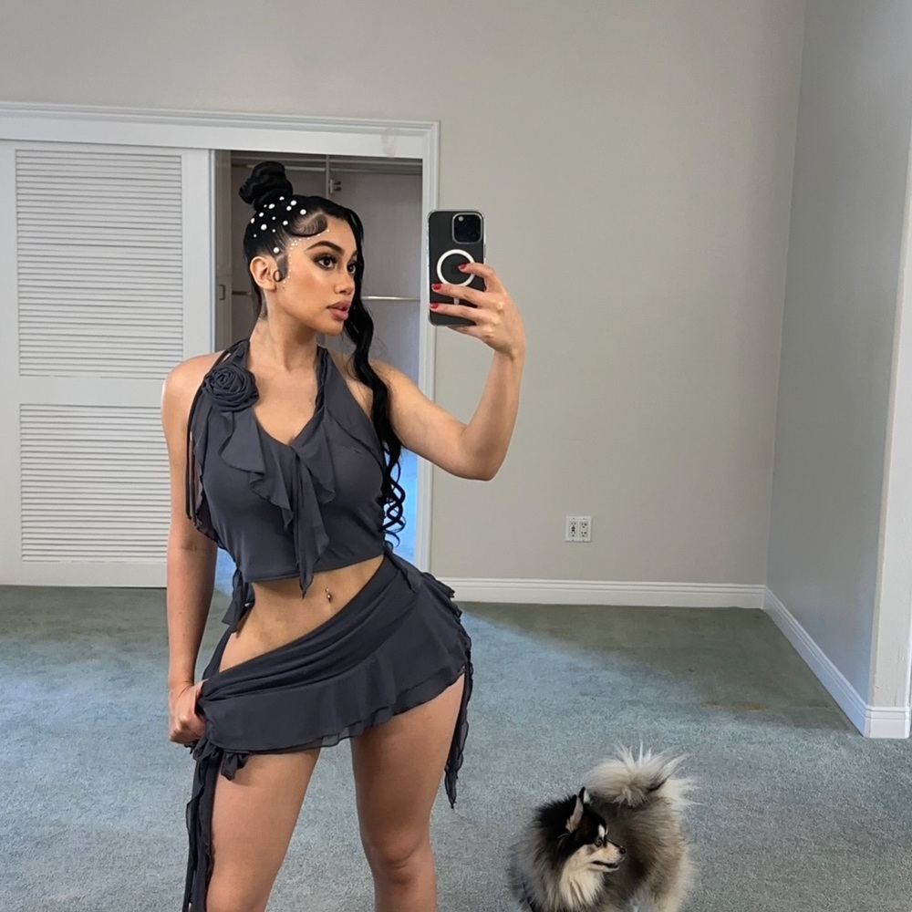Gray skirt and top Set & blue butterfly crop top